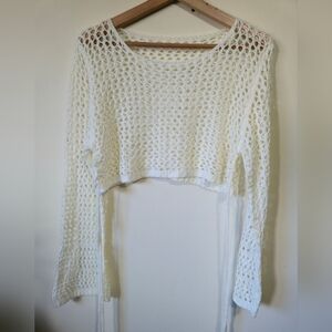 White Cropped Crochet Sweater w Ruched Sides, LG